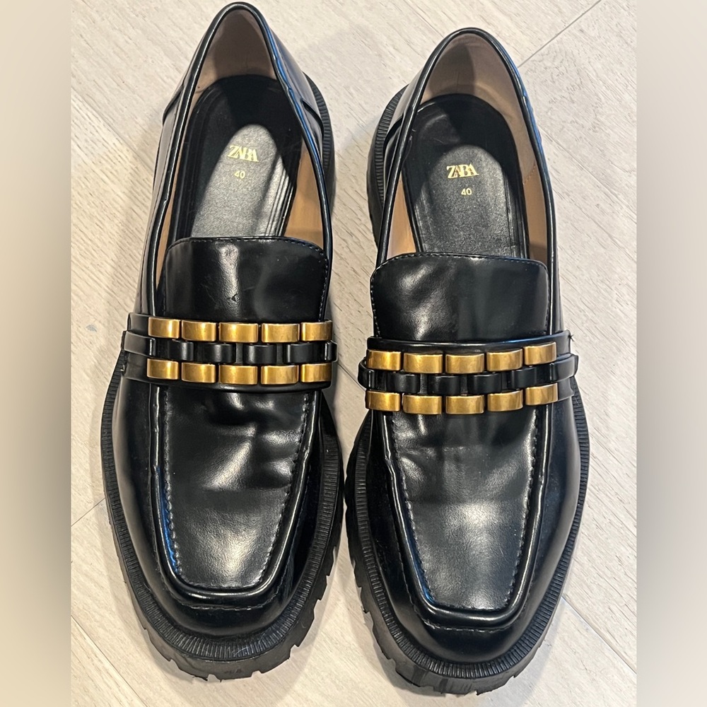 Zara Black Loafers with Gold Detailing